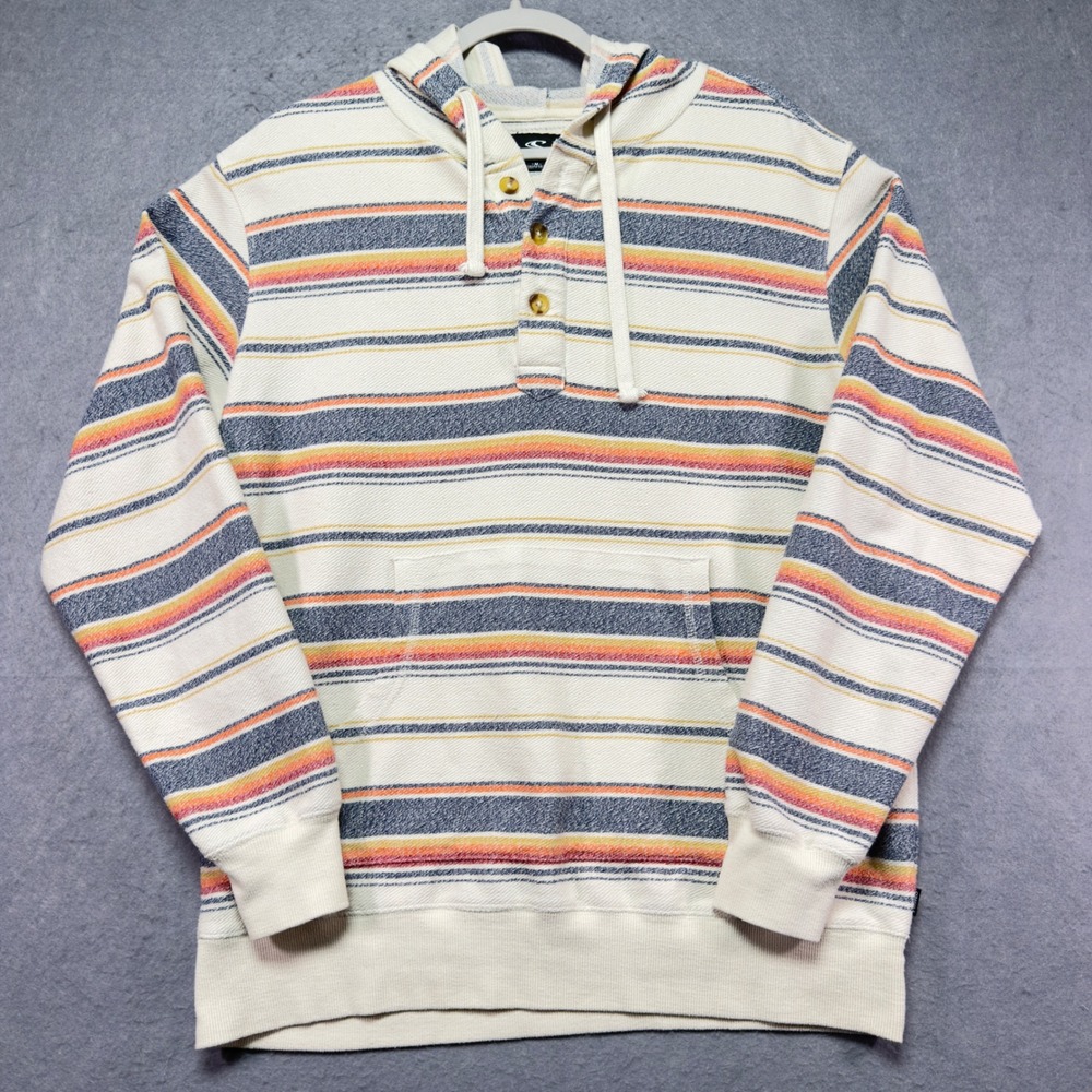 O'Neill Mens Striped Henley Hoodie Cream Navy Orange‎ Standard Fit Medium